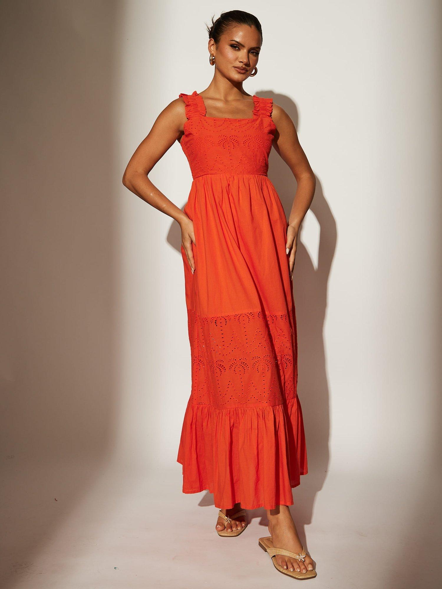 Product image 1 of 4, which shows South Beach Palm Broderie Tie Back Maxi Dress, Orange, 8