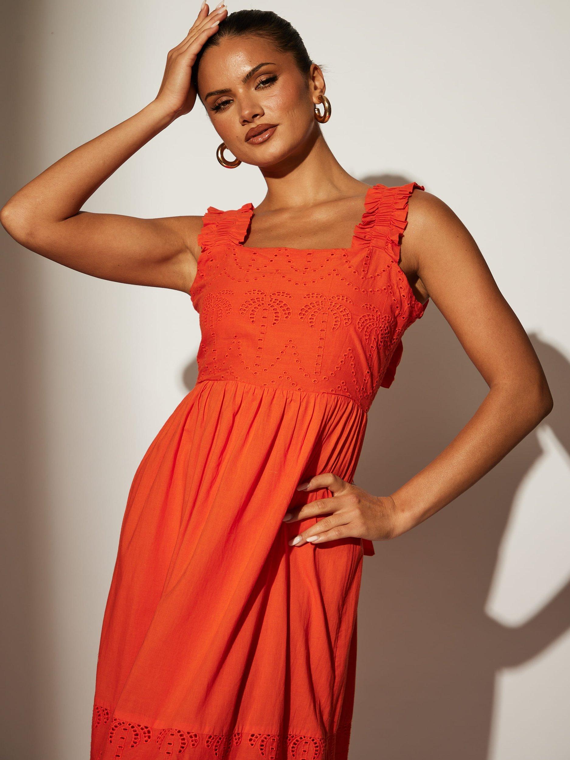 Product image 3 of 4, which shows South Beach Palm Broderie Tie Back Maxi Dress, Orange, 8