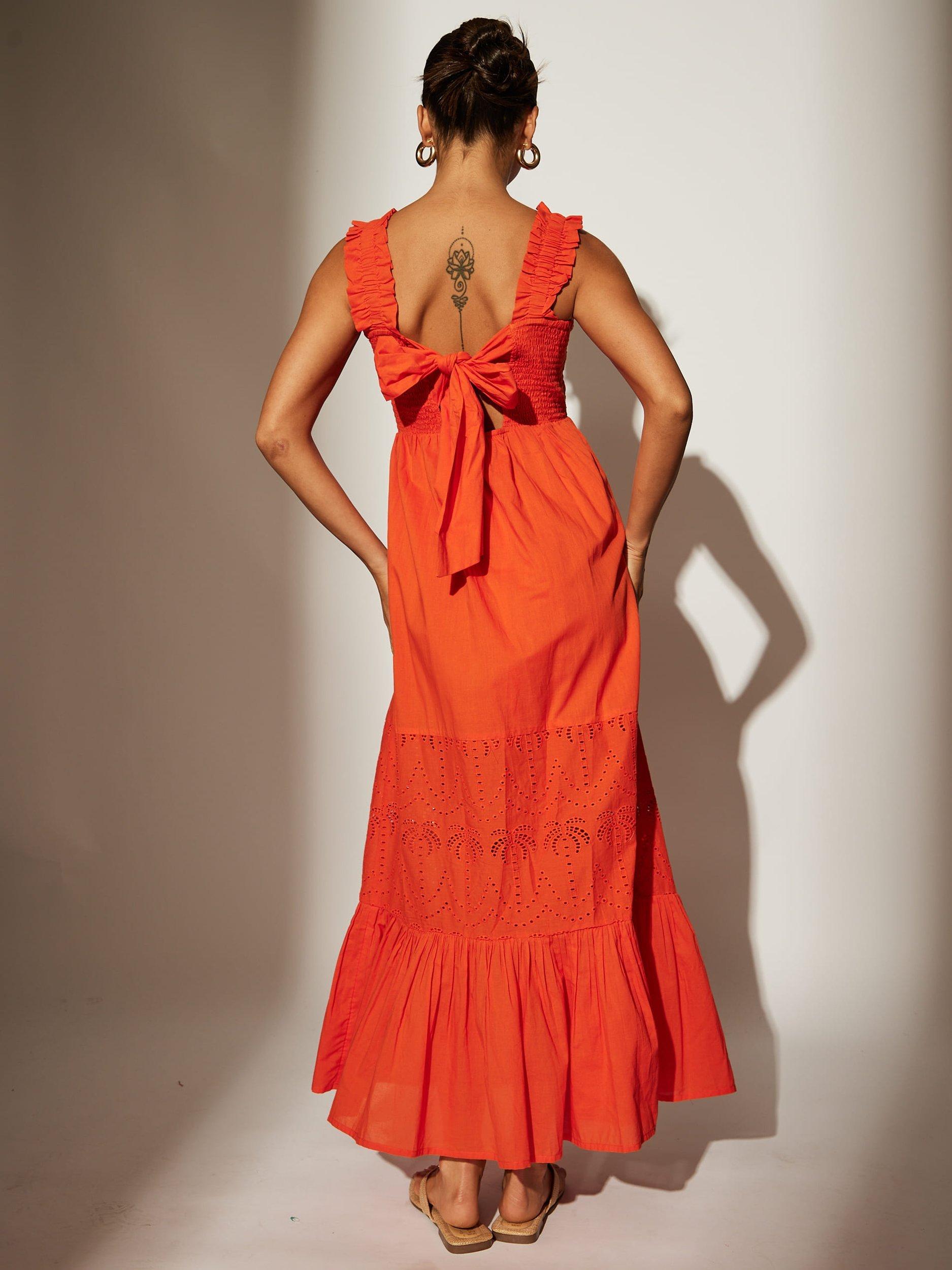 Product image 4 of 4, which shows South Beach Palm Broderie Tie Back Maxi Dress, Orange, 8