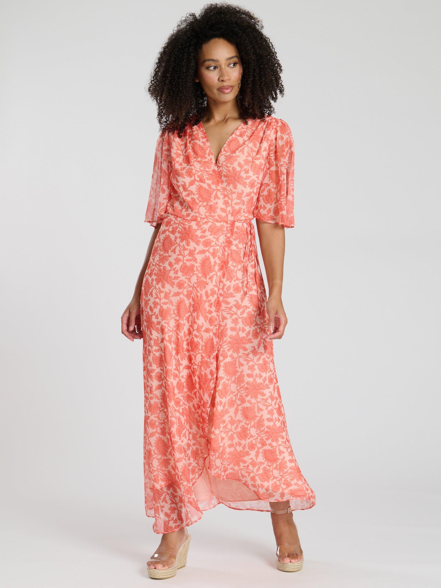 Product image 1 of 4, which shows South Beach Printed Short Sleeve Wrap Midi Dress, Coral, 10