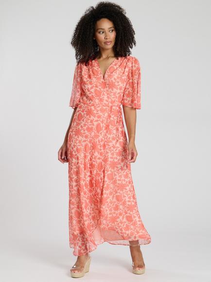 South Beach Printed Short Sleeve Wrap Midi Dress, Coral, Coral