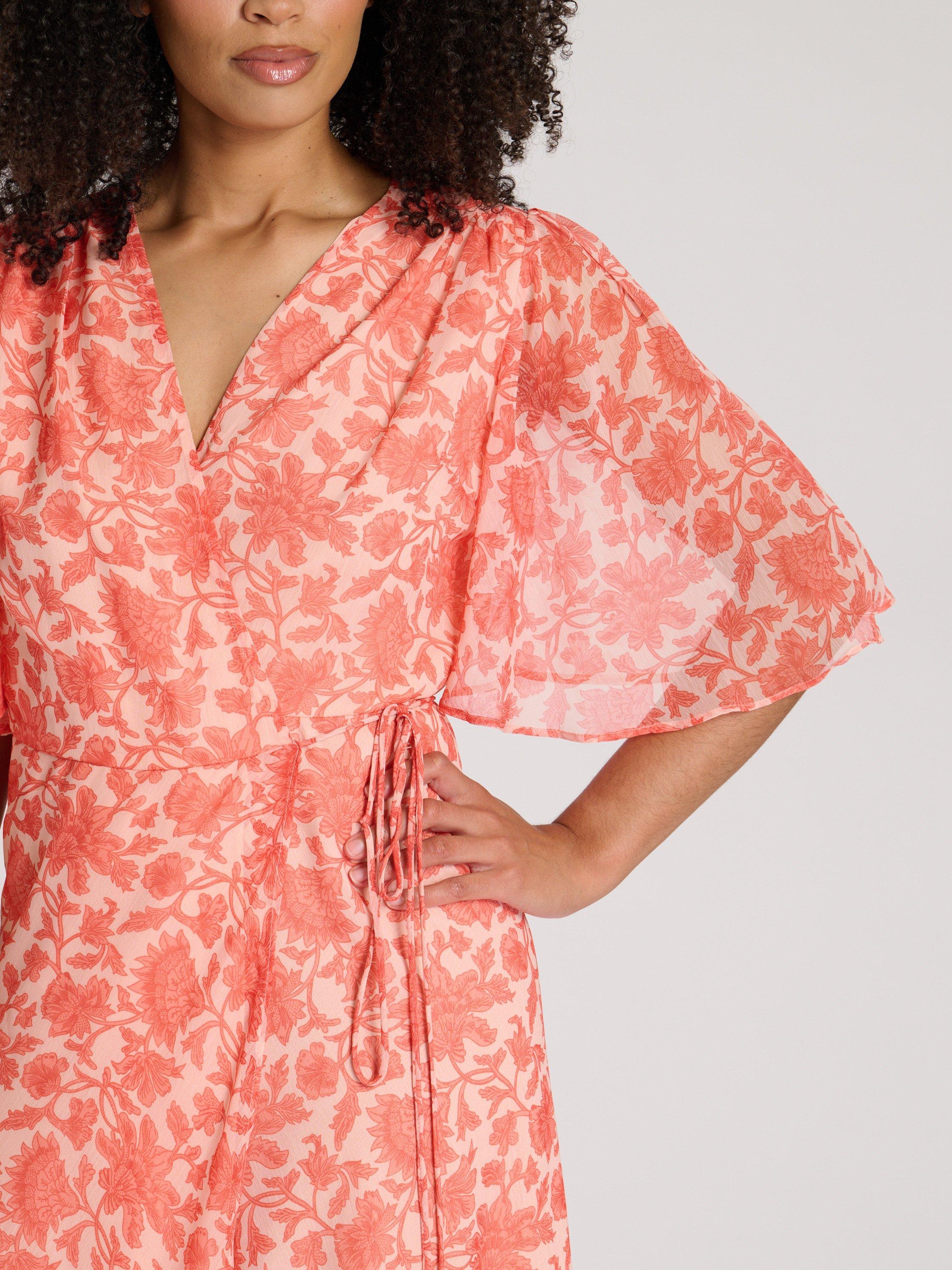 Product image 2 of 4, which shows South Beach Printed Short Sleeve Wrap Midi Dress, Coral, 10