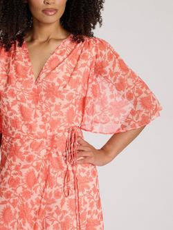 South Beach Printed Short Sleeve Wrap Midi Dress, Coral - view 2, Coral