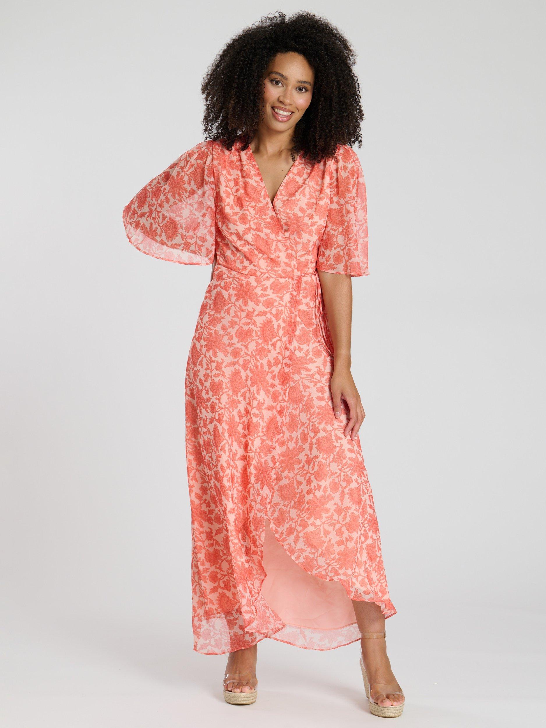 Product image 3 of 4, which shows South Beach Printed Short Sleeve Wrap Midi Dress, Coral, 10