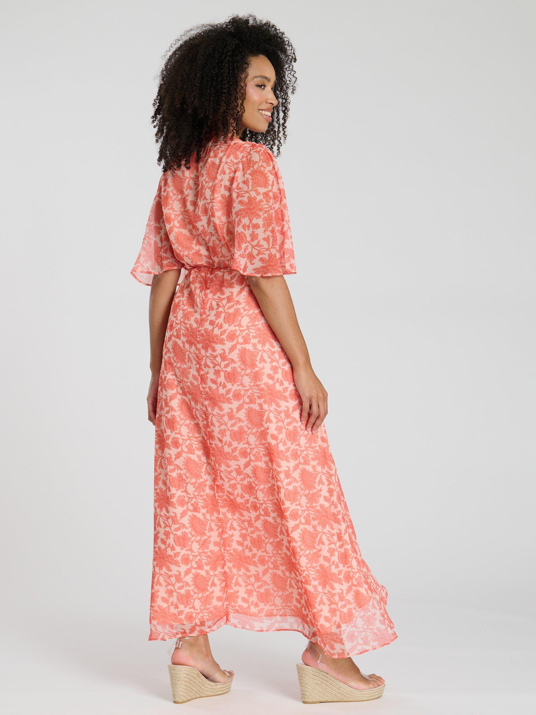 Product image 4 of 4, which shows South Beach Printed Short Sleeve Wrap Midi Dress, Coral, 10