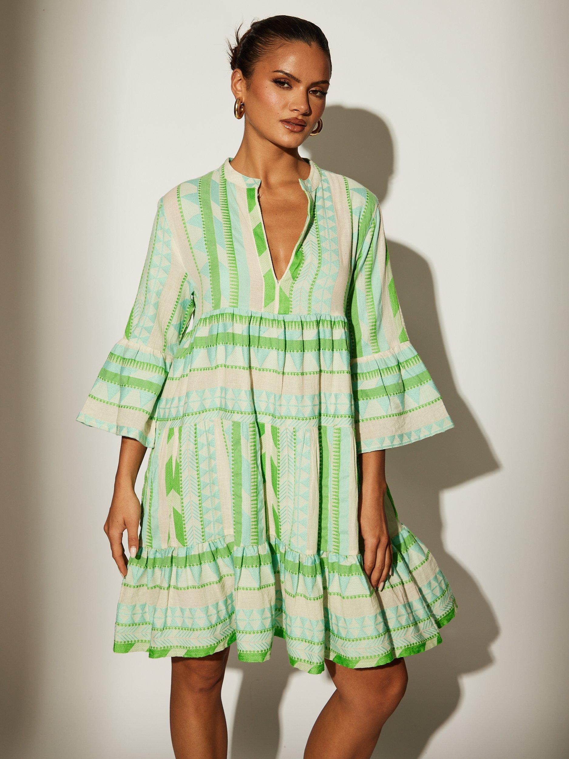 Product image 1 of 6, which shows South Beach Jacquard Drop Hem Tiered Mini Dress, Green, 8