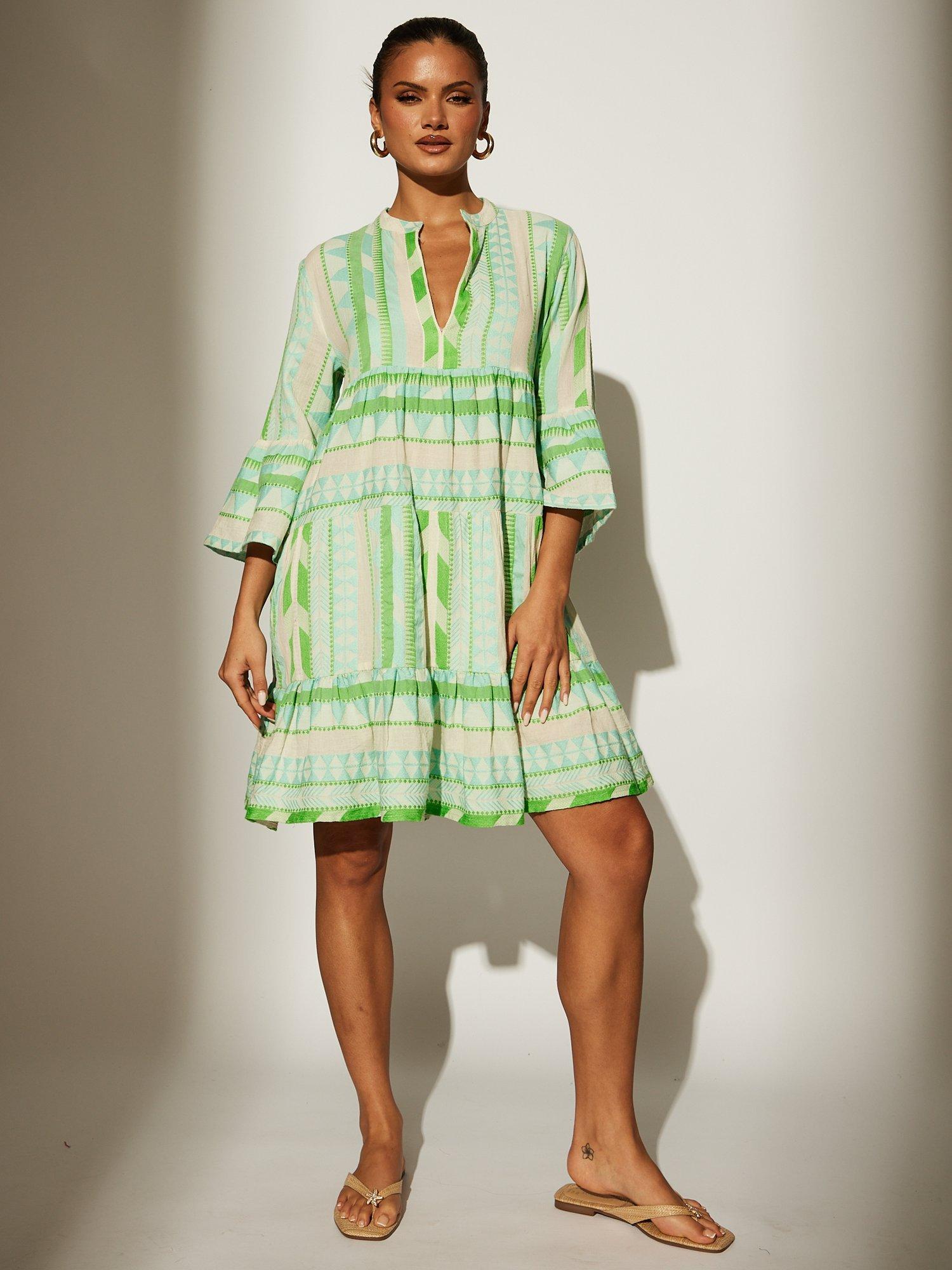 Product image 3 of 6, which shows South Beach Jacquard Drop Hem Tiered Mini Dress, Green, 8
