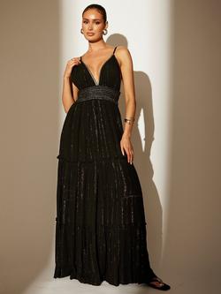 South Beach Metallic Stripe Maxi Dress, Black/Gold, Black/Gold