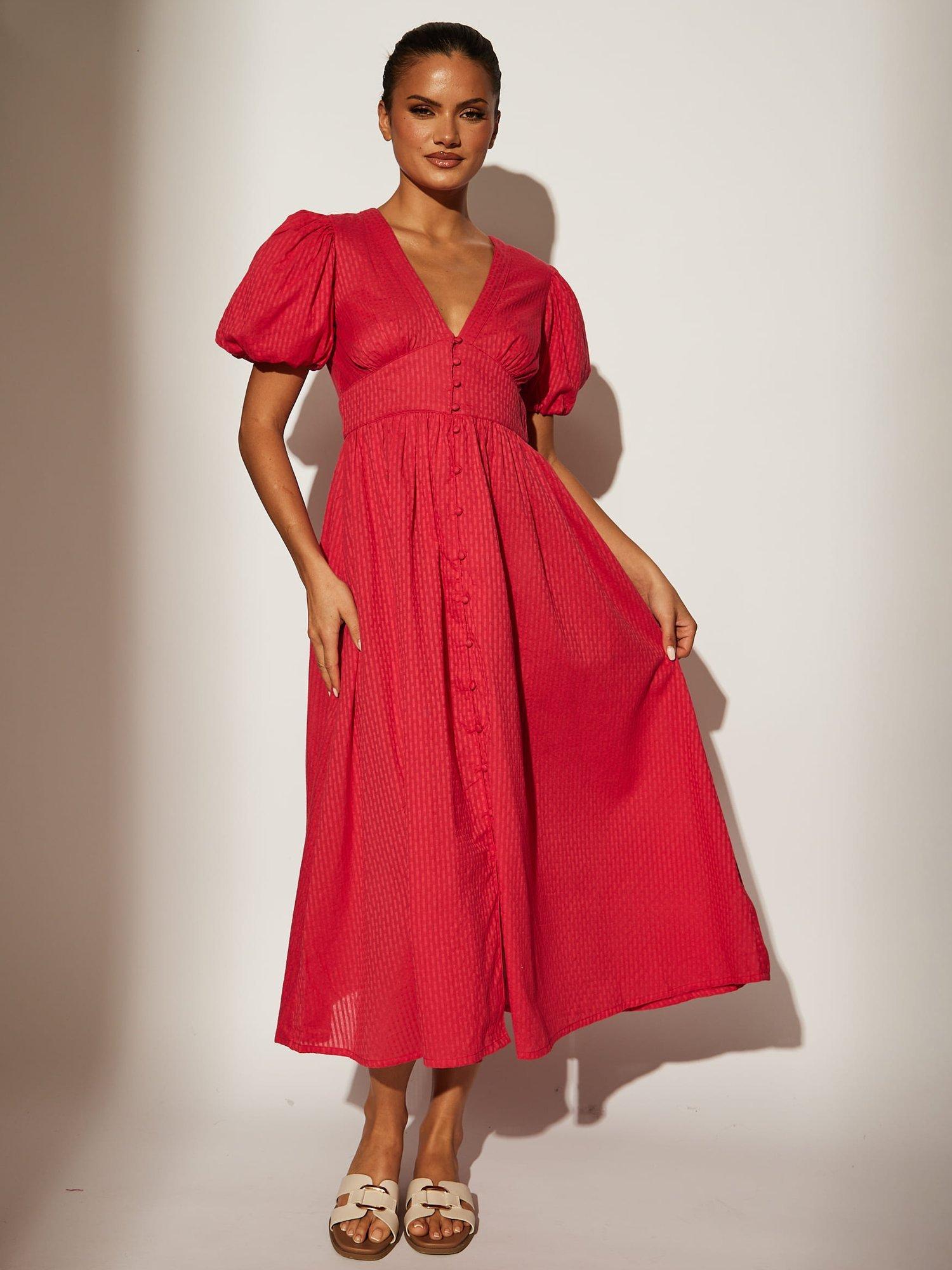 Product image 1 of 4, which shows South Beach Puff Sleeve Button Detail Midi Dress, Pink, 8