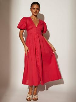 South Beach Puff Sleeve Button Detail Midi Dress, Pink