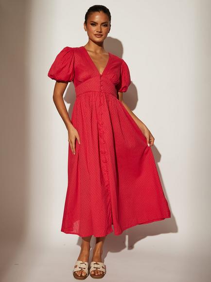 South Beach Puff Sleeve Button Detail Midi Dress, Pink