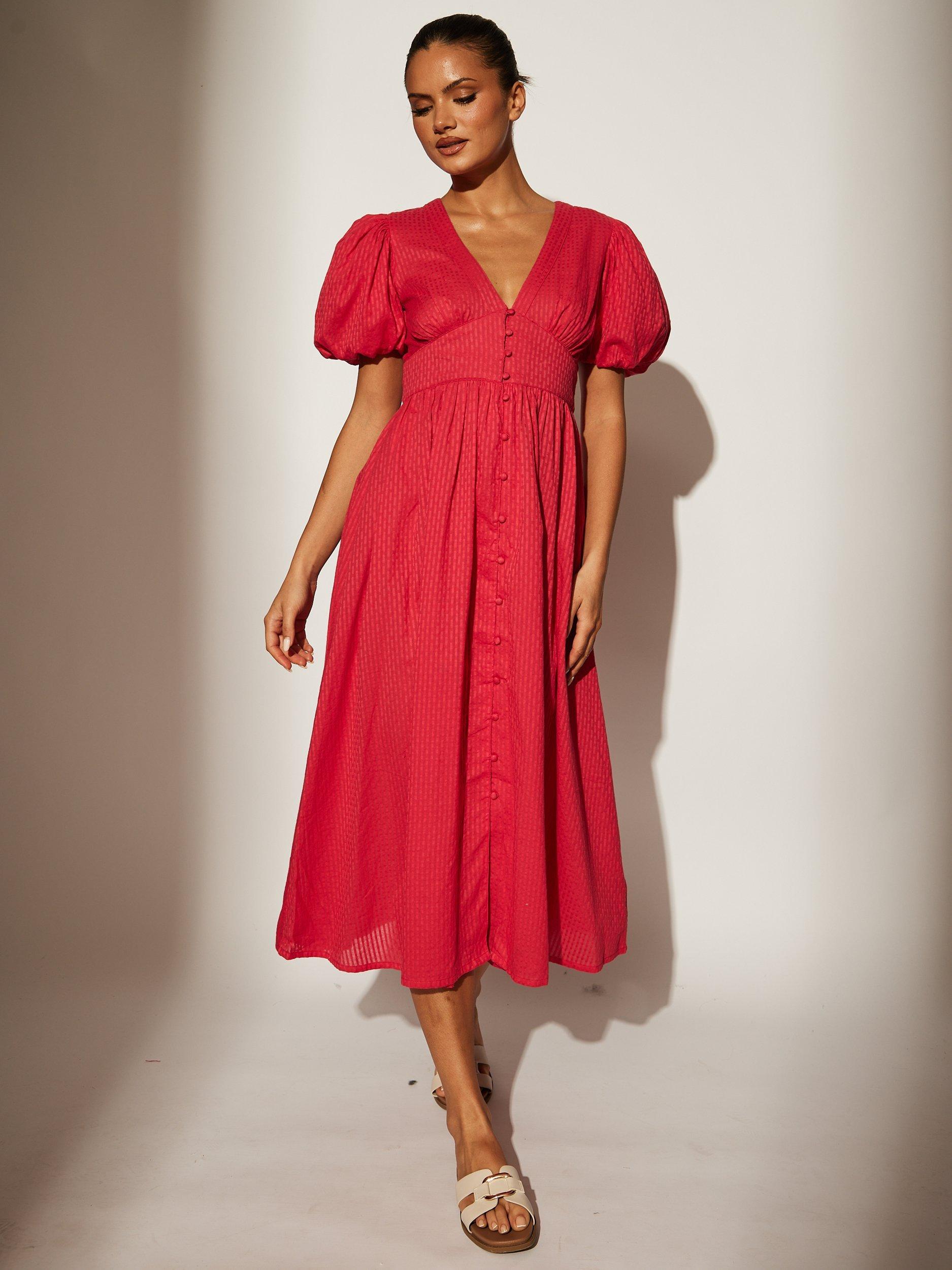 Product image 2 of 4, which shows South Beach Puff Sleeve Button Detail Midi Dress, Pink, 8