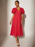 South Beach Puff Sleeve Button Detail Midi Dress, Pink