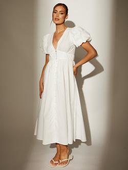 South Beach Puff Sleeve Button Detail Midi Dress, White