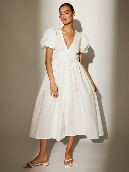 South Beach Puff Sleeve Button Detail Midi Dress - view 2, White