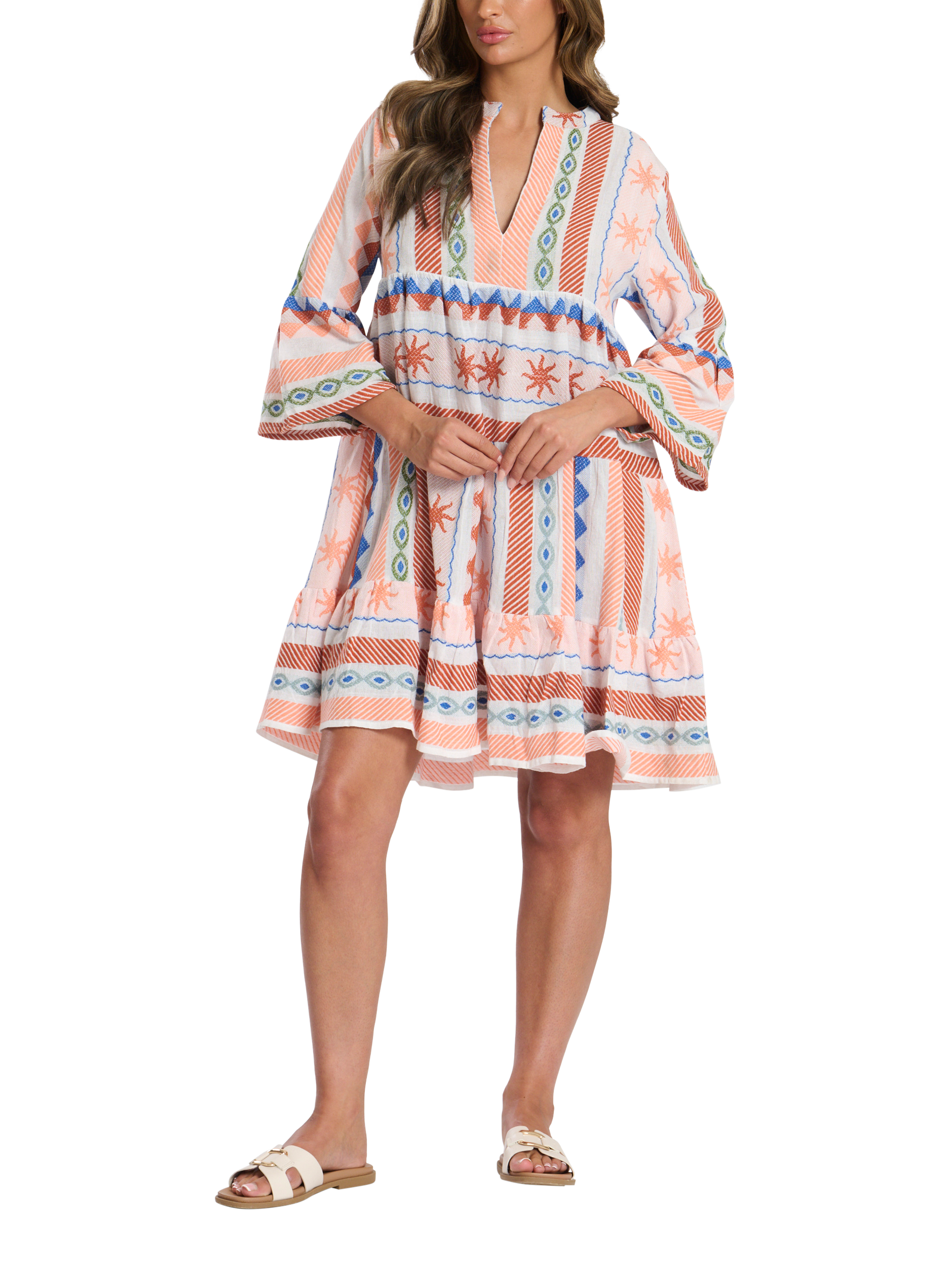 Product image 1 of 4, which shows South Beach Jacquard Drop Hem Tiered Mini Dress, Multi, 8