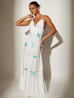 South Beach Embroidered Cami Maxi Dress with Blue Sequin Starfish Details, White/Multi, White/Multi