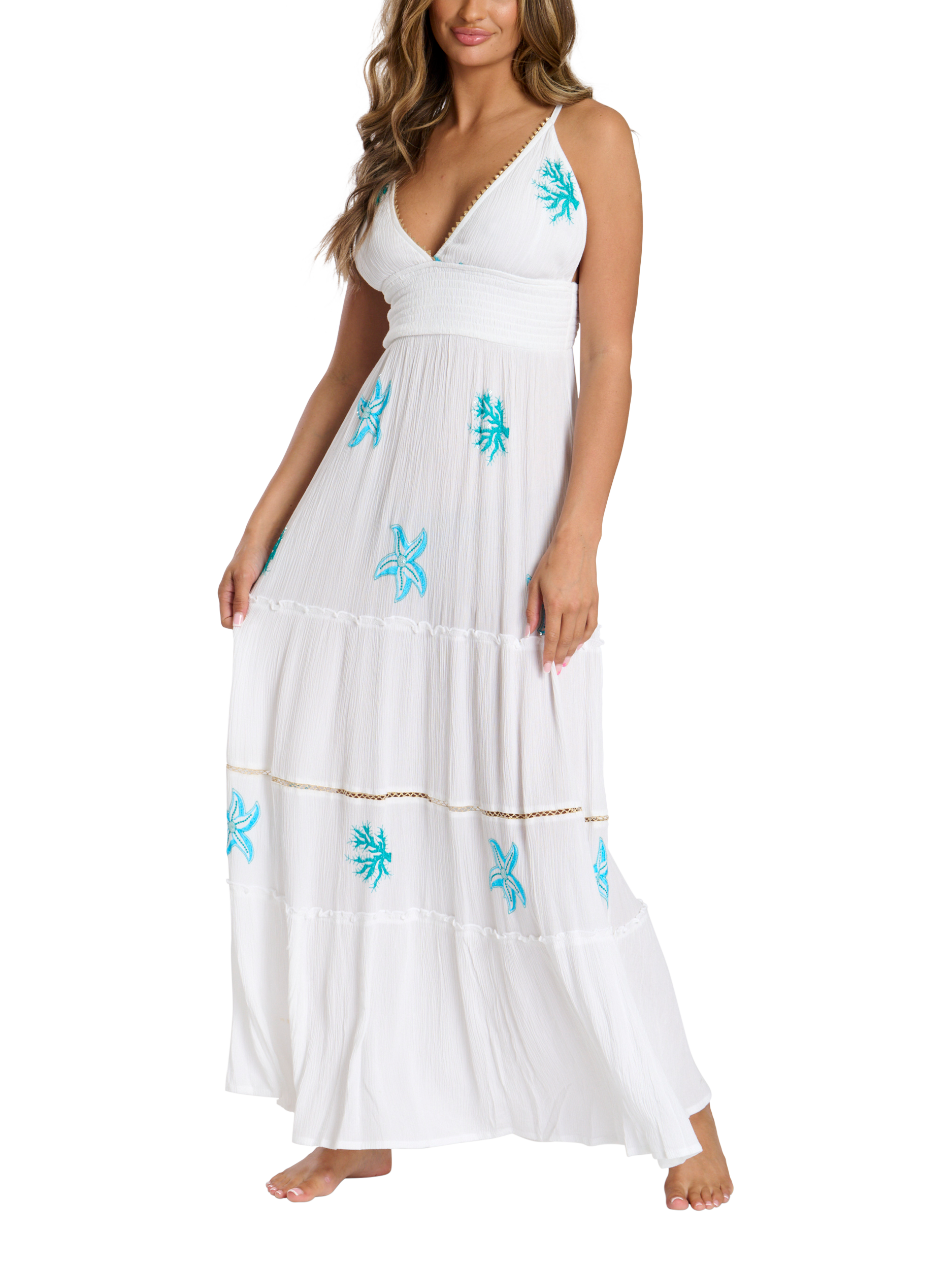 Product image 3 of 5, which shows South Beach Embroidered Cami Maxi Dress with Blue Sequin Starfish Details, White/Multi, 10