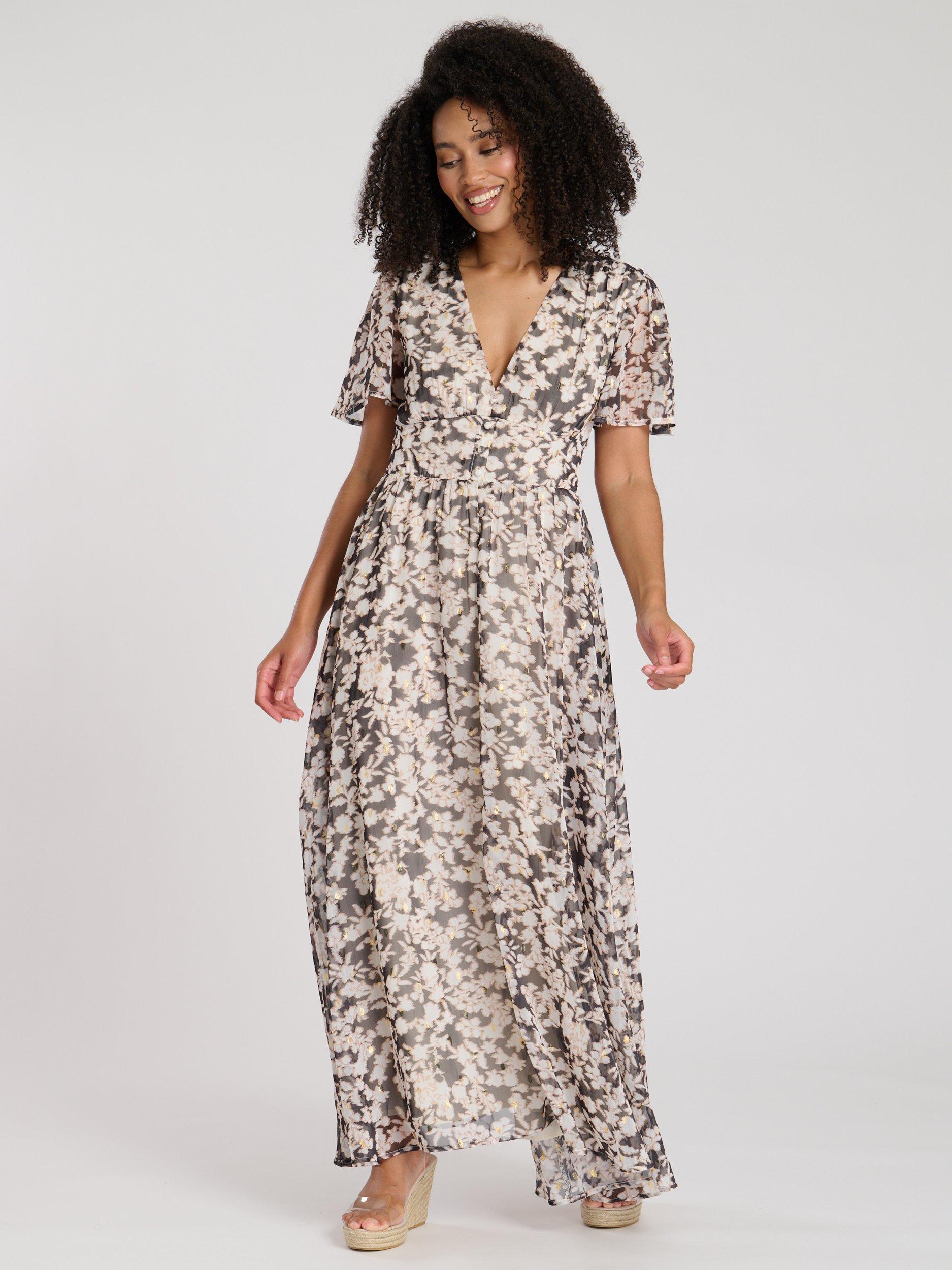 Product image 1 of 4, which shows South Beach Printed Metallic Chiffon Button Detail Midi Dress, Multi, 10