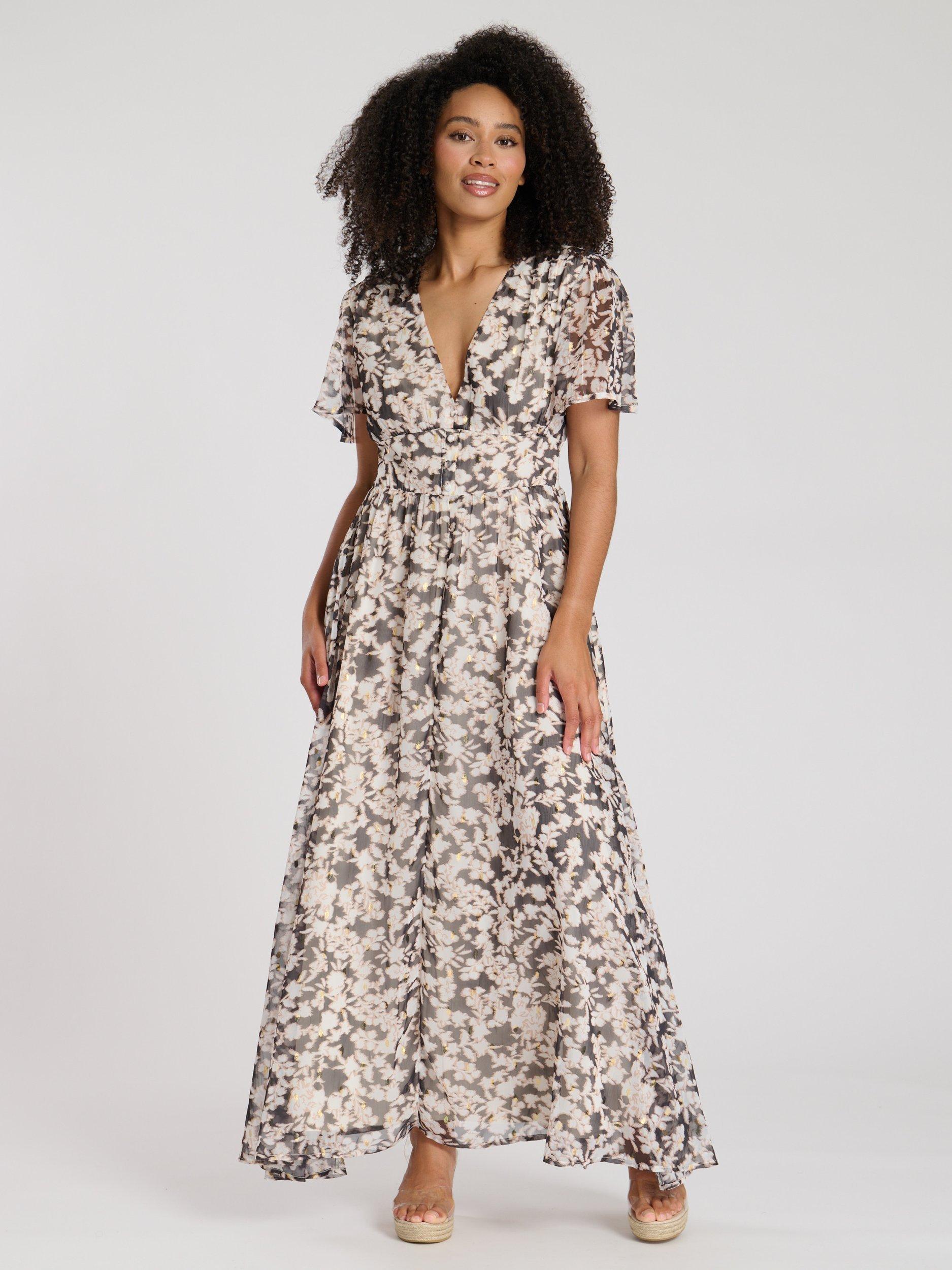 Product image 3 of 4, which shows South Beach Printed Metallic Chiffon Button Detail Midi Dress, Multi, 10