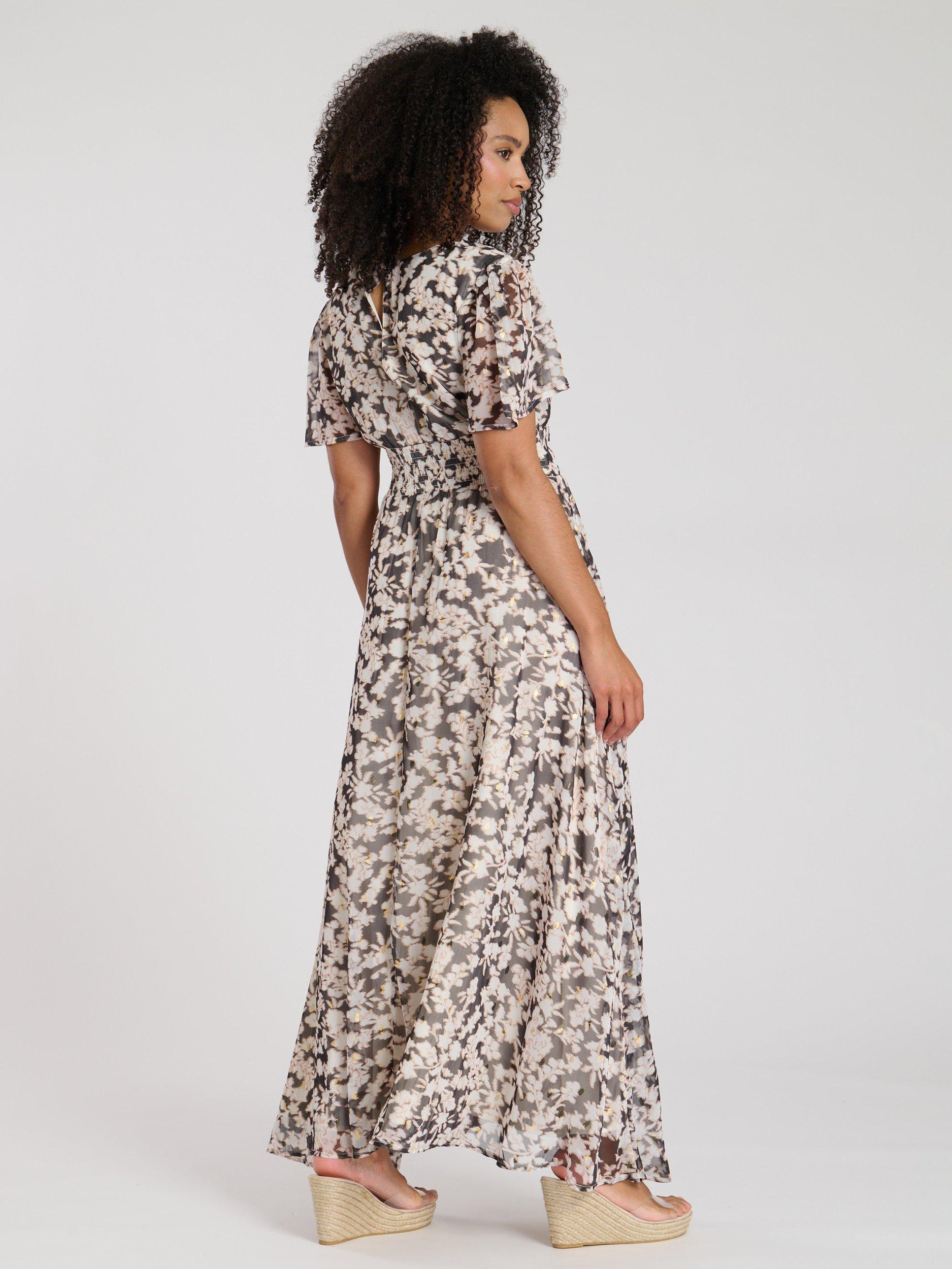 Product image 4 of 4, which shows South Beach Printed Metallic Chiffon Button Detail Midi Dress, Multi, 10