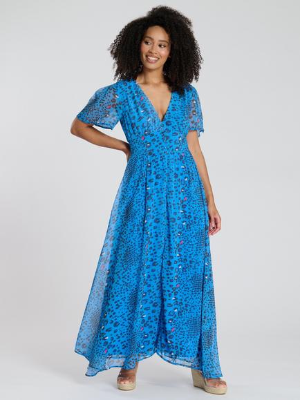 South Beach Printed Metallic Chifon Button Detail Midi Dress, Blue/Multi, Blue/Multi