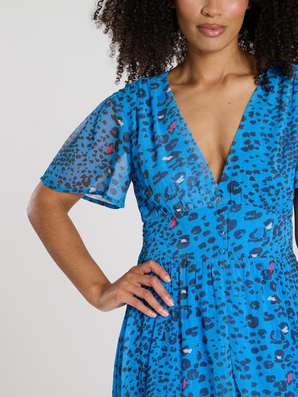 South Beach Printed Metallic Chifon Button Detail Midi Dress, Blue/Multi - view 2, Blue/Multi