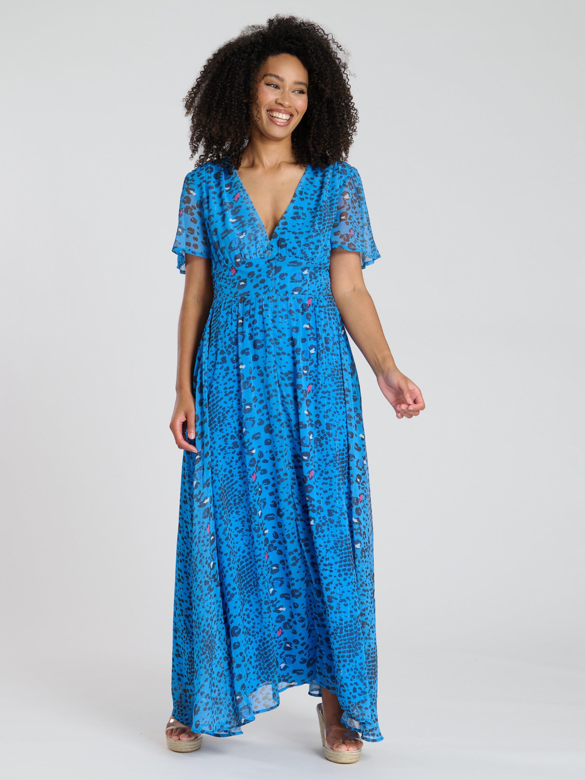 Product image 3 of 4, which shows South Beach Printed Metallic Chifon Button Detail Midi Dress, Blue/Multi, 10