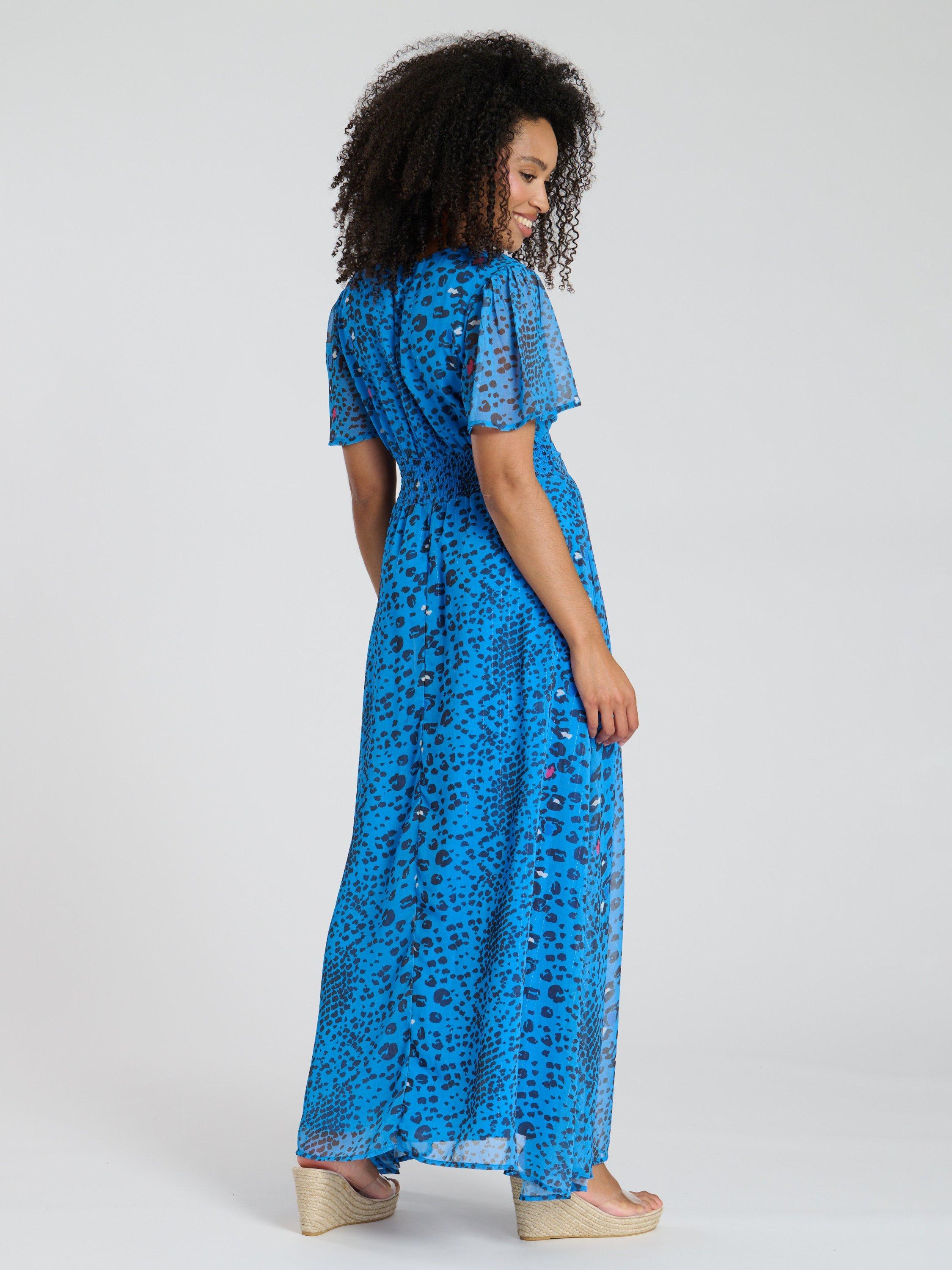 Product image 4 of 4, which shows South Beach Printed Metallic Chifon Button Detail Midi Dress, Blue/Multi, 10
