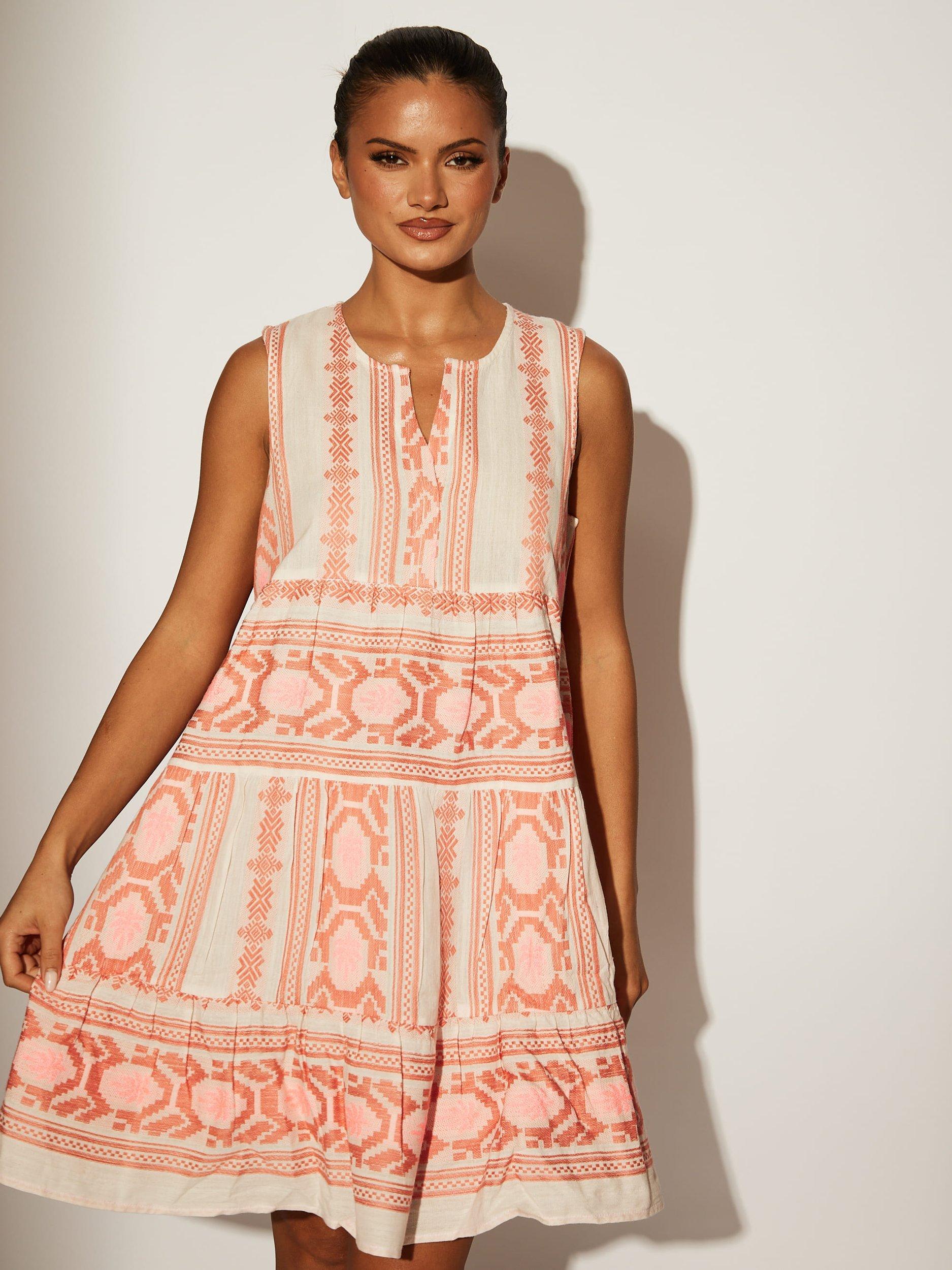Product image 4 of 5, which shows South Beach Jacquard Sleeveless Tiered Mini Dress, Pink, 8