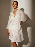 South Beach V Neck Sequin Metallic Stripe Mini Dress, White, White