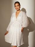 South Beach V Neck Sequin Metallic Stripe Mini Dress, White, White