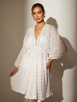 South Beach V Neck Sequin Metallic Stripe Mini Dress, White - view 2, White