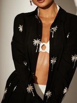 South Beach Long Sleeve Shirt with Embroidered Sequin Palm Tree Details - view 2, Black/Multi