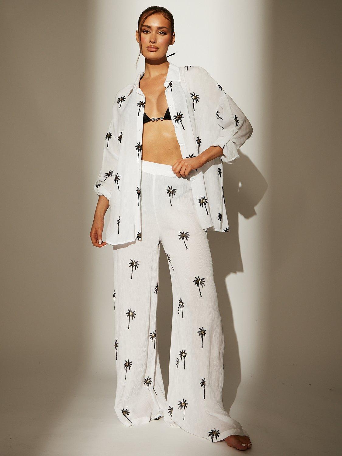 Product image 2 of 5, which shows South Beach Long Sleeve Shirt with Embroidered Sequin Palm Tree Details, White/Multi, 8