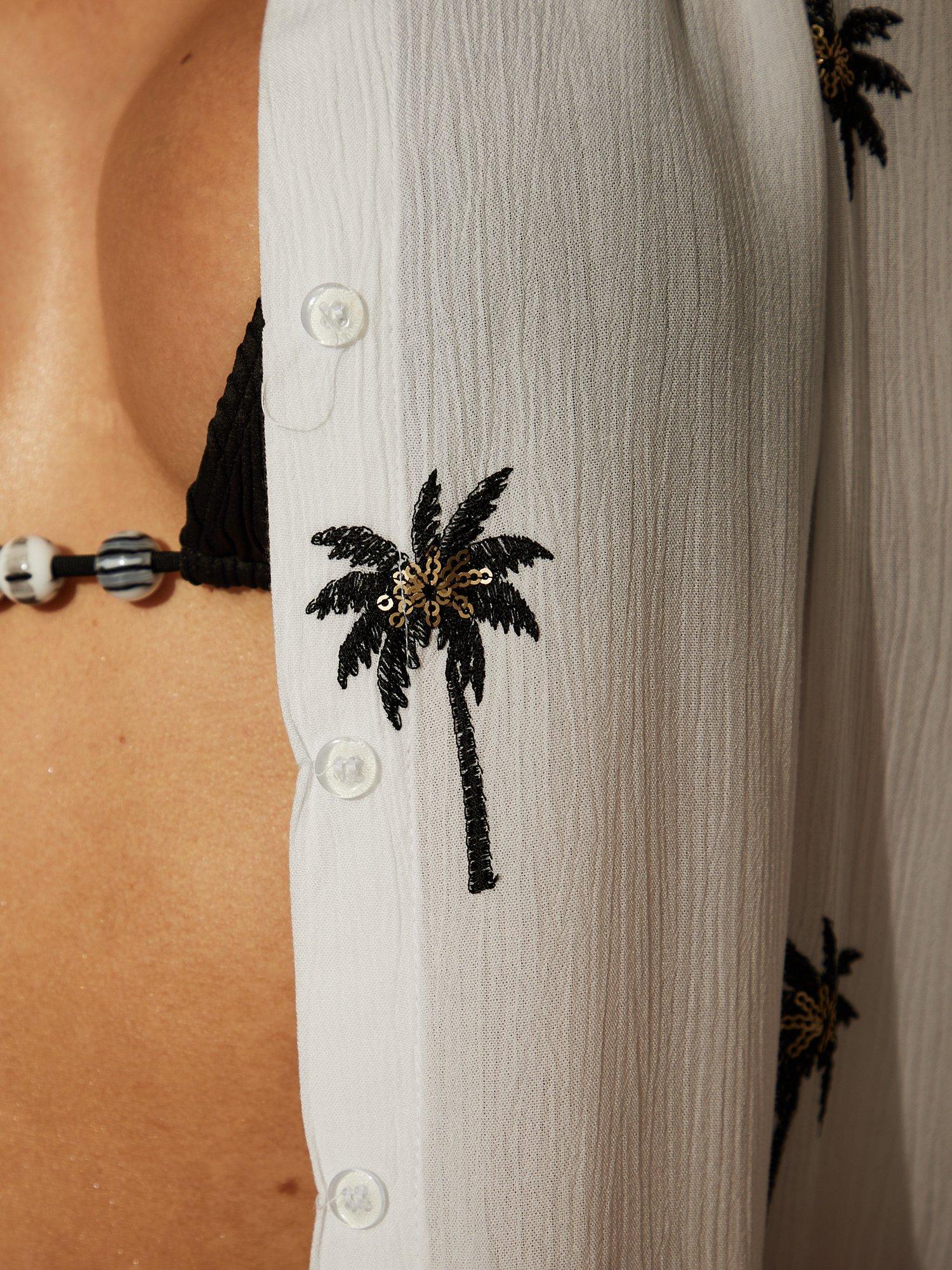Product image 3 of 5, which shows South Beach Long Sleeve Shirt with Embroidered Sequin Palm Tree Details, White/Multi, 8
