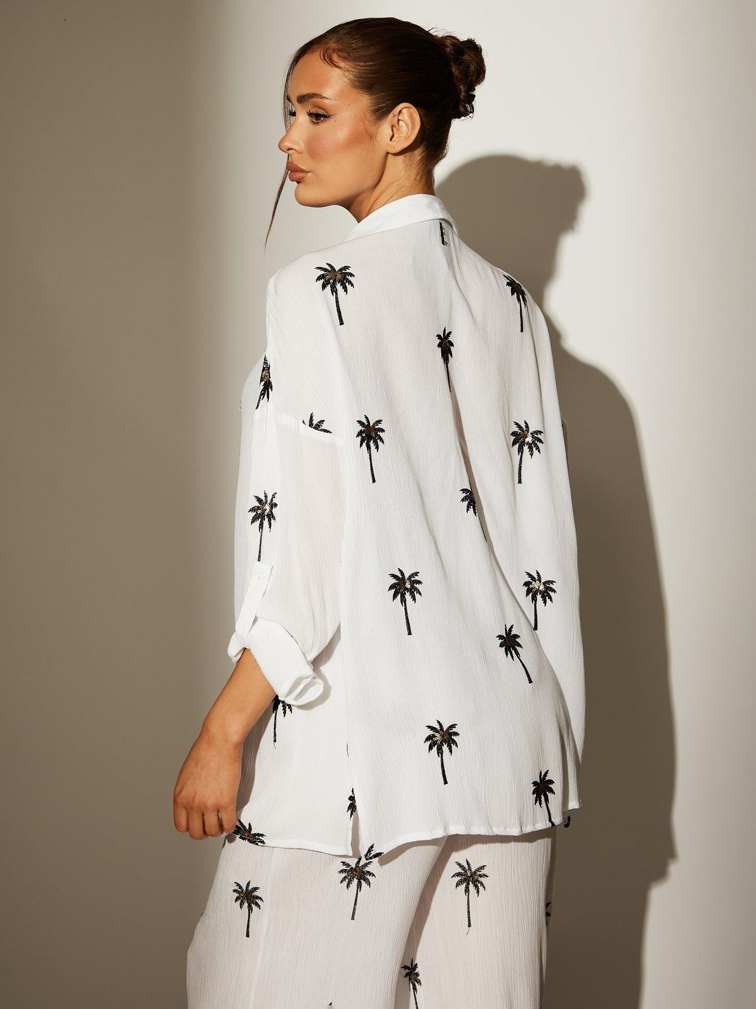 Product image 4 of 5, which shows South Beach Long Sleeve Shirt with Embroidered Sequin Palm Tree Details, White/Multi, 8