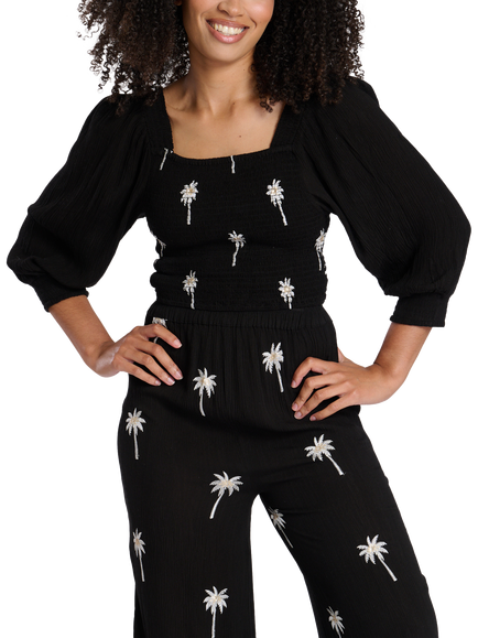 South Beach Embroidered Palm Tree Top, Black, Black