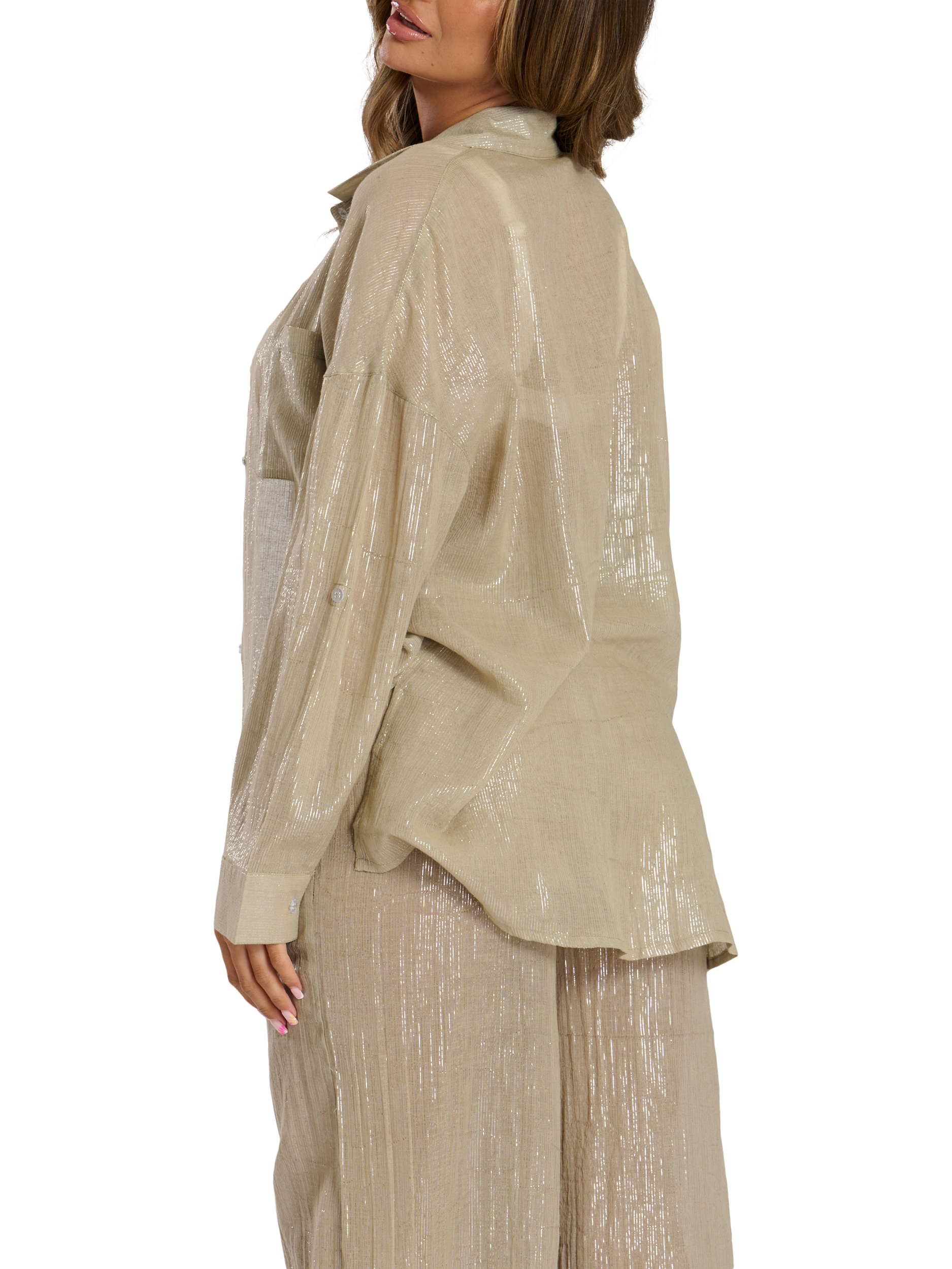 Product image 5 of 5, which shows South Beach Metallic Long Sleeve Beach Shirt, Green Mid, 10