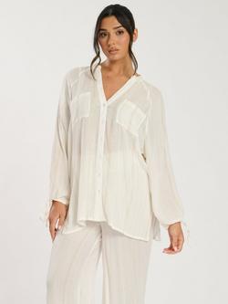 South Beach Metallic Stripe Balloon Sleeve Beach Shirt, White/Gold, White/Gold