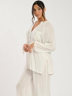 South Beach Metallic Stripe Balloon Sleeve Beach Shirt, White/Gold - view 2, White/Gold