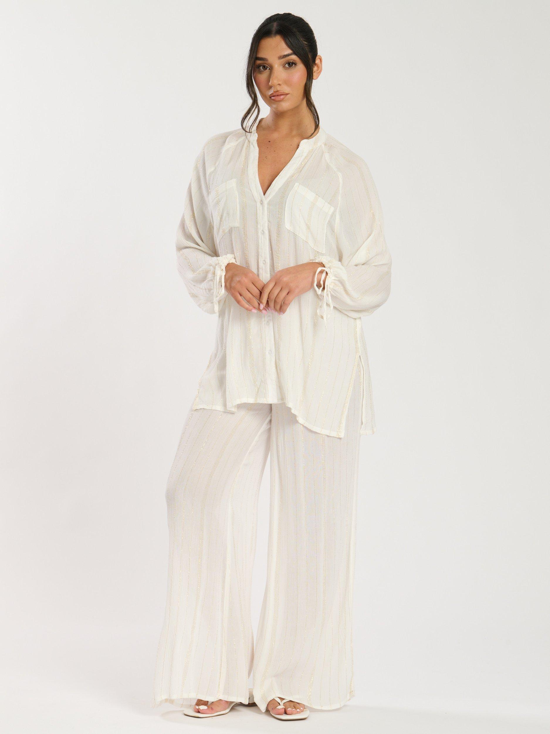 Product image 1 of 5, which shows South Beach Metallic Stripe Shirred Waist Beach Trousers, White, 10