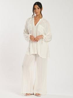 South Beach Metallic Stripe Shirred Waist Beach Trousers, White, White