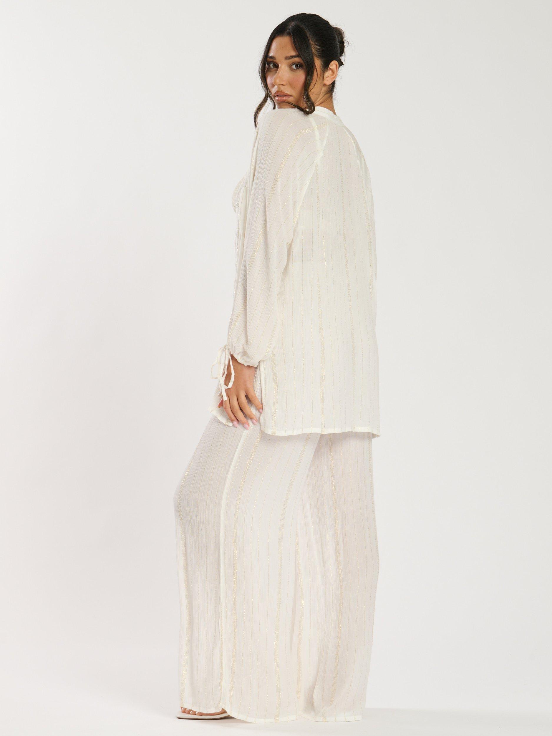 Product image 2 of 5, which shows South Beach Metallic Stripe Shirred Waist Beach Trousers, White, 10