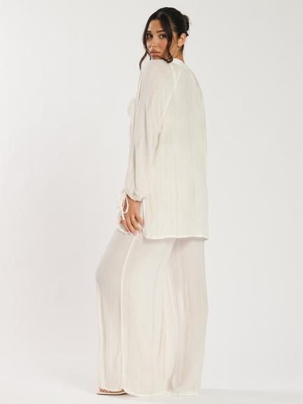 South Beach Metallic Stripe Shirred Waist Beach Trousers, White - view 2, White