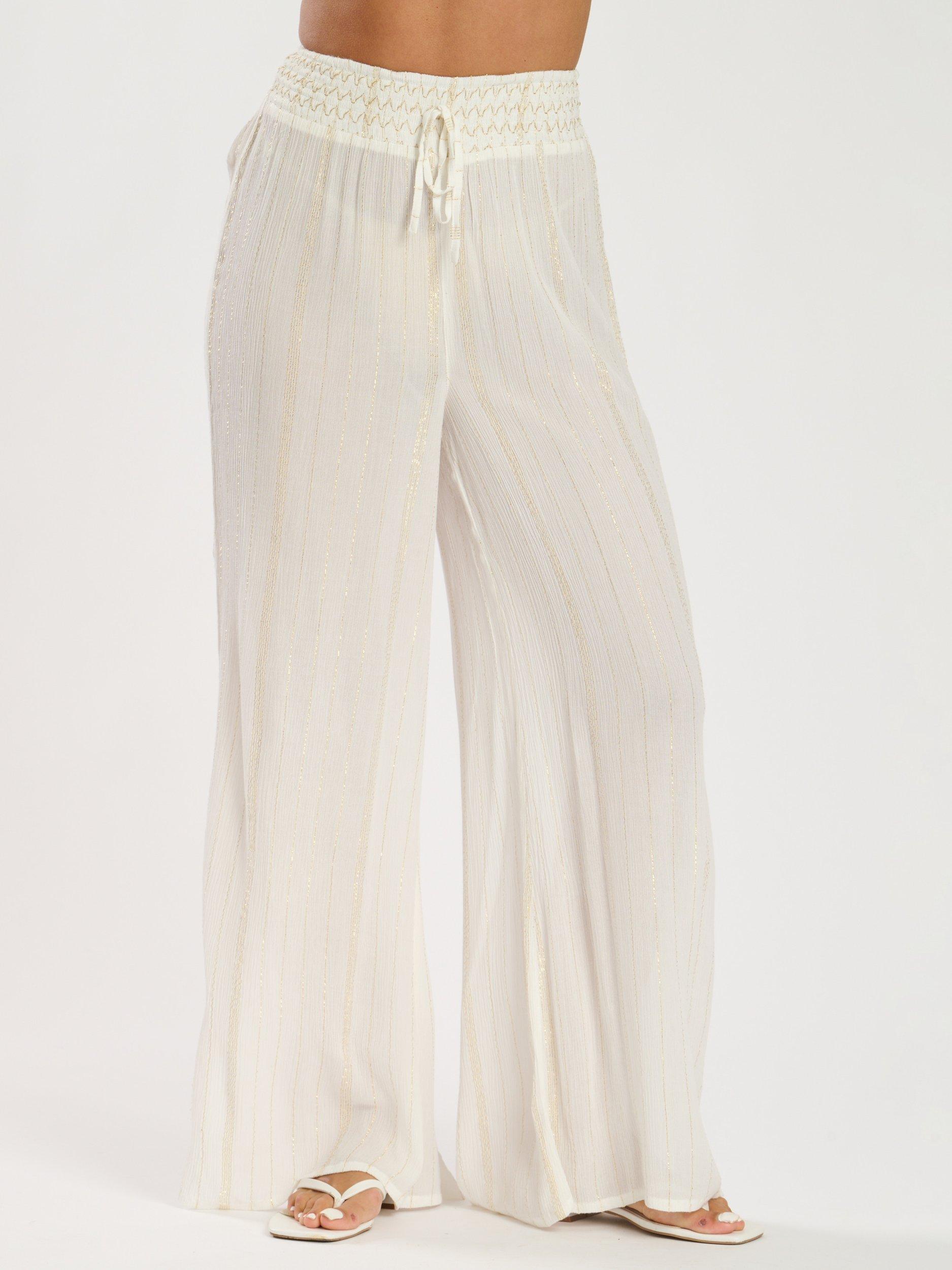Product image 3 of 5, which shows South Beach Metallic Stripe Shirred Waist Beach Trousers, White, 10