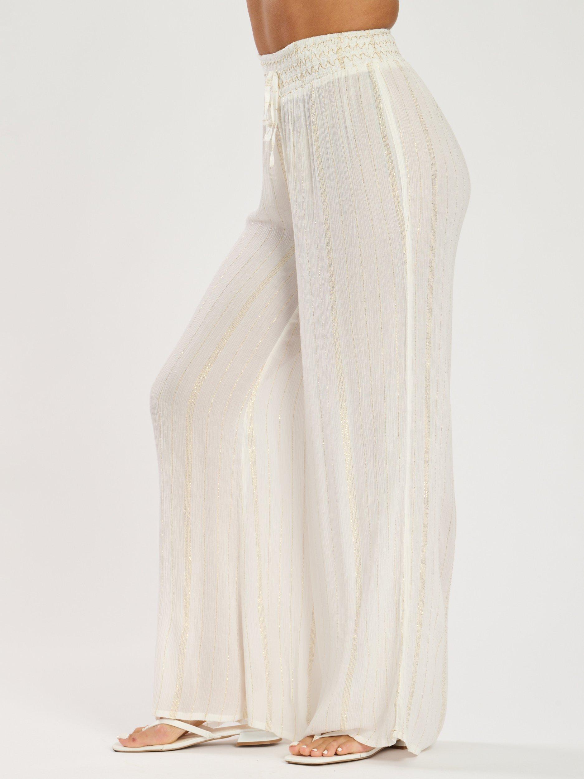 Product image 4 of 5, which shows South Beach Metallic Stripe Shirred Waist Beach Trousers, White, 10