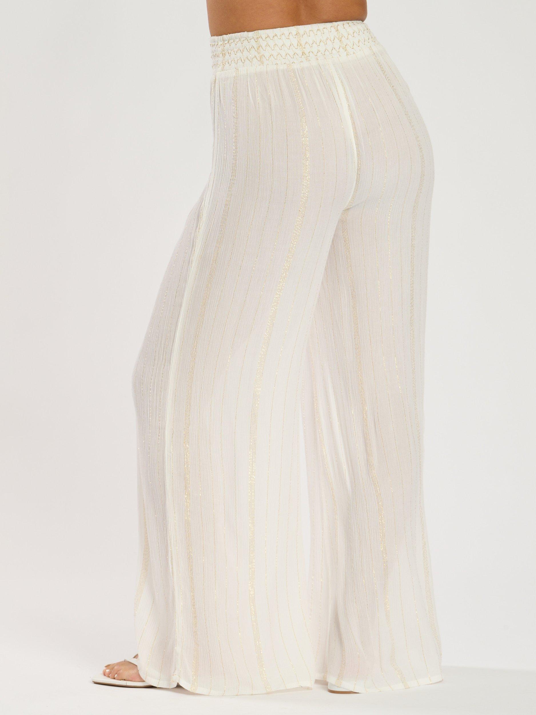 Product image 5 of 5, which shows South Beach Metallic Stripe Shirred Waist Beach Trousers, White, 10