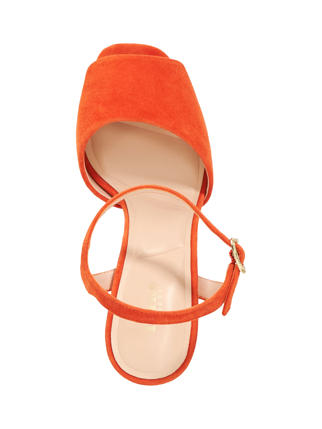 Product image 3 of 6, which shows Dune London Mayci Suede Heeled Platform Sandals, Orange, EU36
