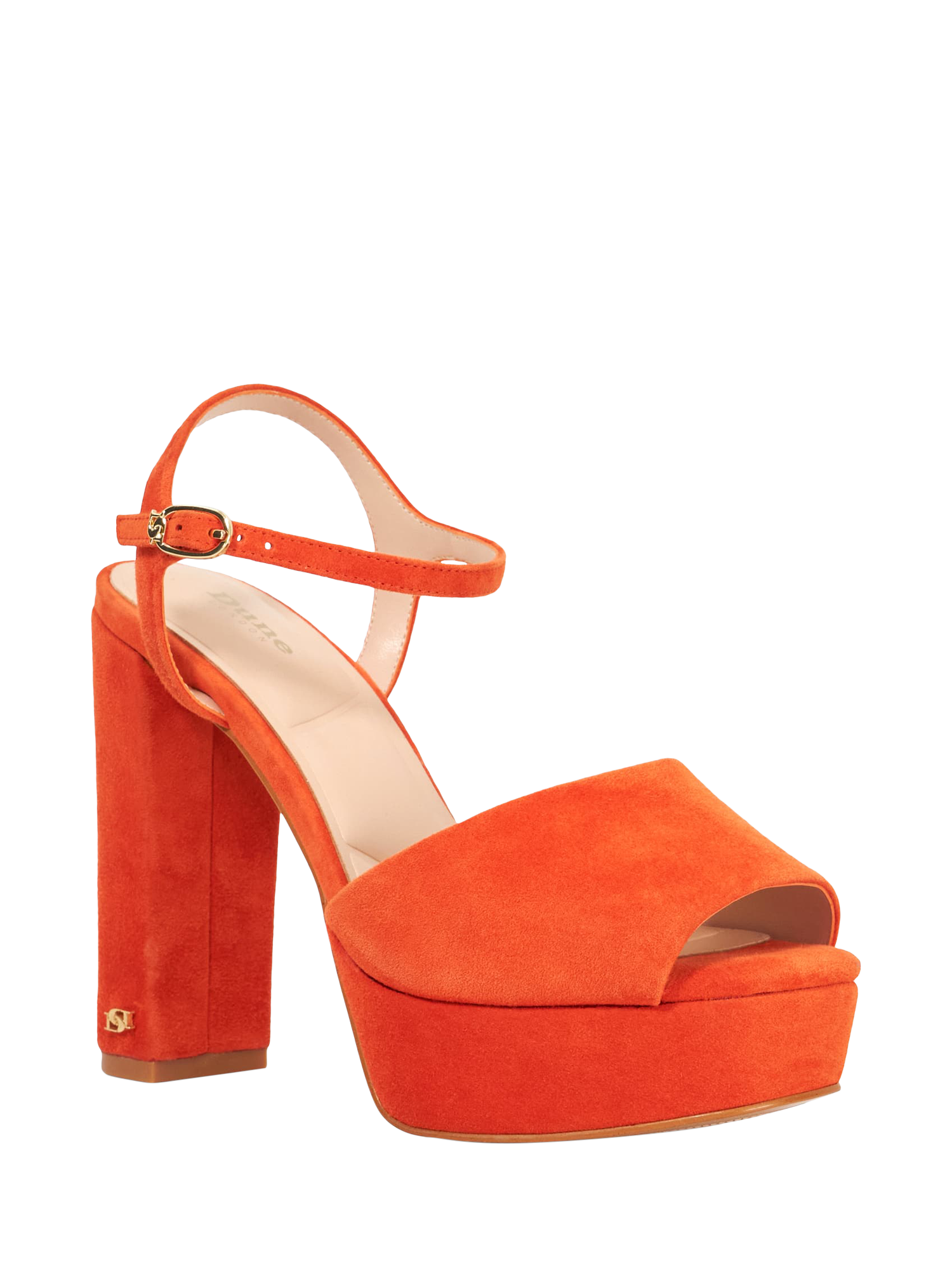 Product image 4 of 6, which shows Dune London Mayci Suede Heeled Platform Sandals, Orange, EU36